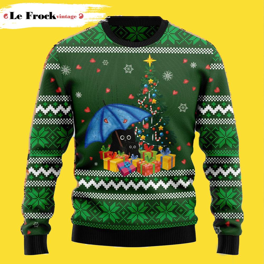 Rain With Love Black Cat Ugly Christmas Sweater