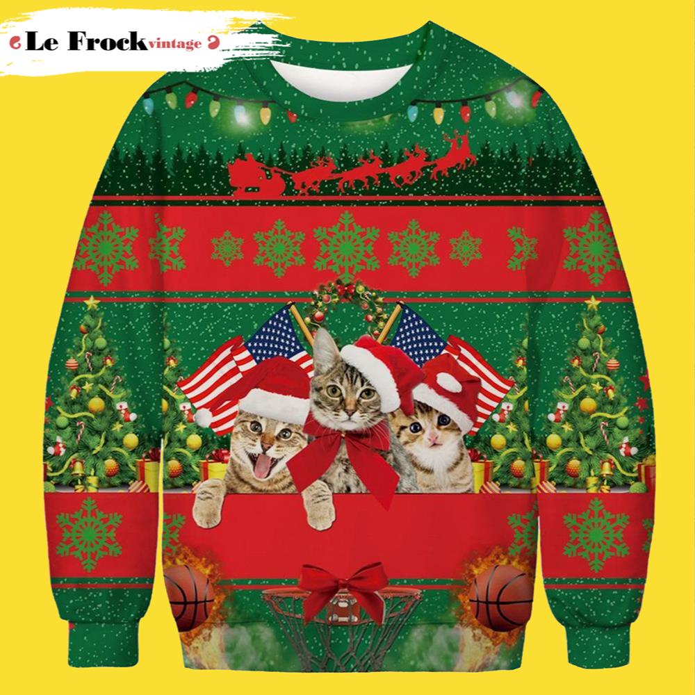 American Flag And Funny Cat Ugly Christmas Sweater