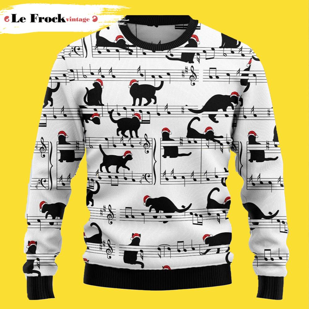 Black Cat Christmas Music Cat Ugly Christmas Sweater