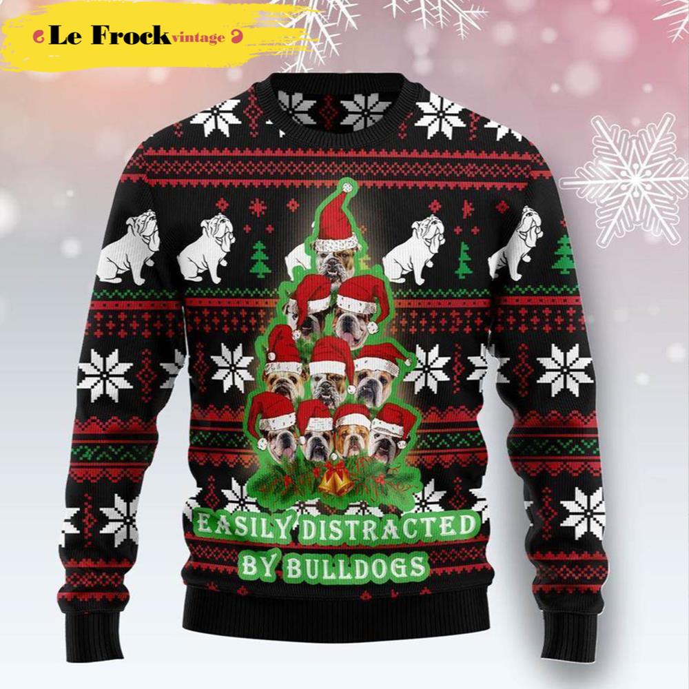 Bulldog Pine Tree Christmas Dog Ugly Christmas Sweater
