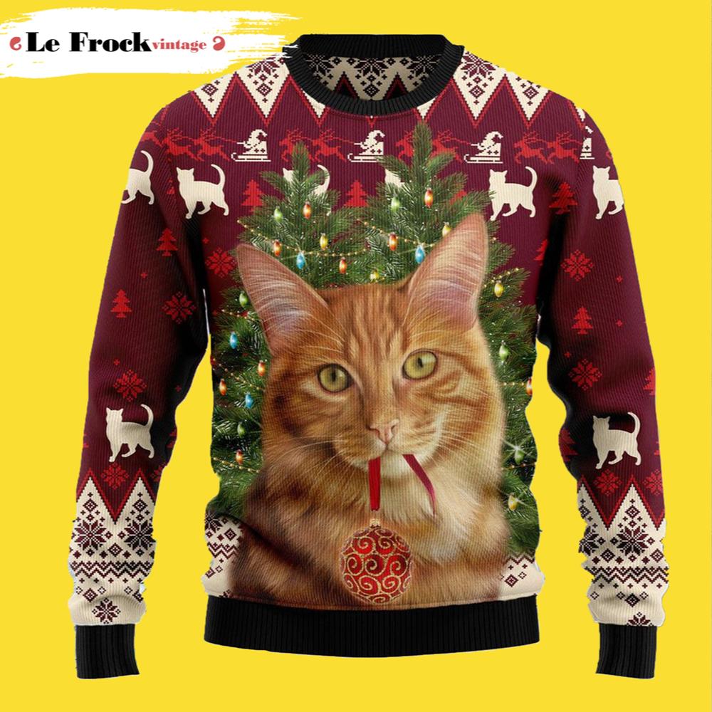 Cat Decor Pine Xmas Ugly Christmas Sweater