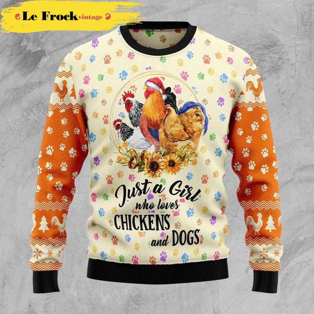 Dog Ugly Christmas Sweater Just A Girl Who Loves Chickens And Dogs