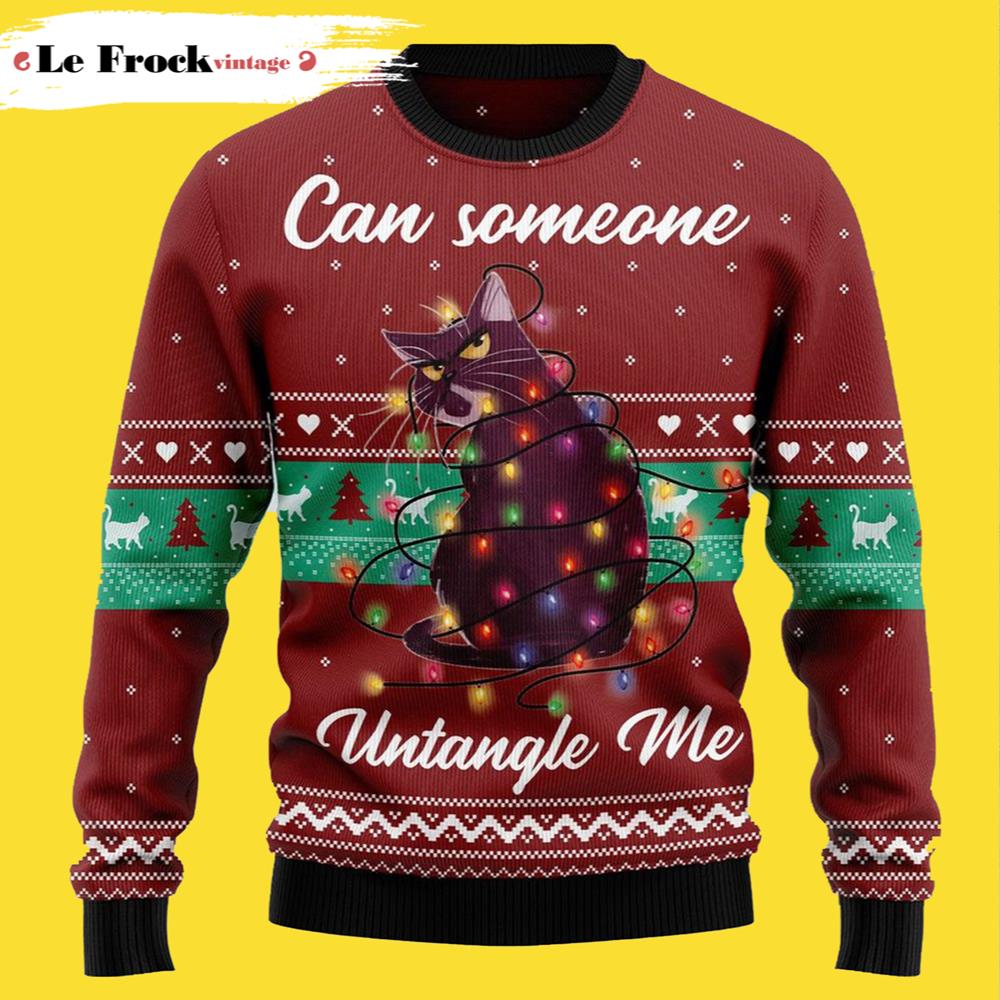 Light Can Someone Untangle Me Cat Ugly Christmas Sweater