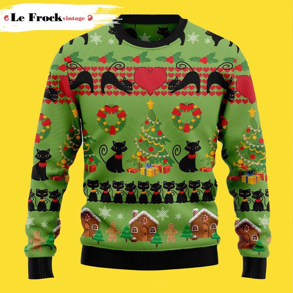 Love Black And Christmas Tree Cat Christmas Ugly Christmas Sweater