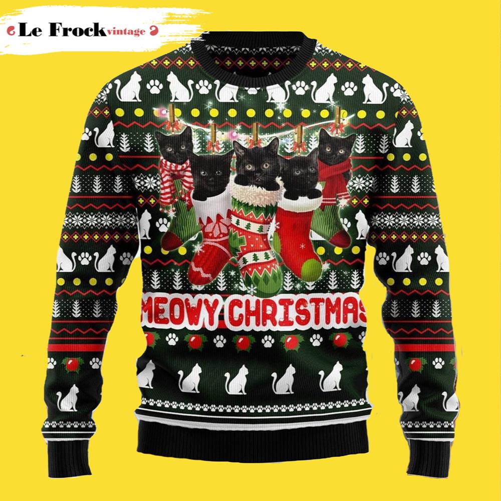 Meowy Christmas Black Cat Ugly Christmas Sweater