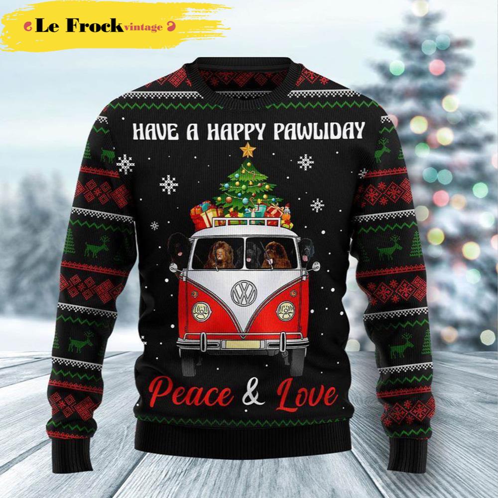 Newfoundland Dogs Carrying Gift Christmas On The Red Car Dog Ugly Christmas Sweater