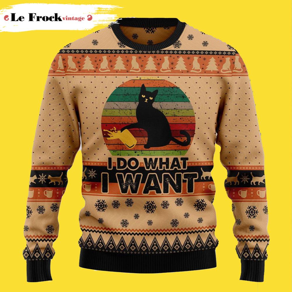 Vintage I Do What A Want Black Cat Ugly Christmas Sweater