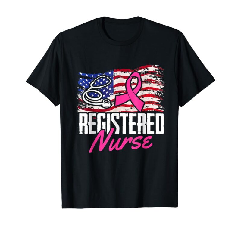 Registered Nurse American Flag Breast Cancer Awareness T-Shirt  RN