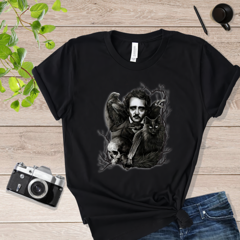 Edgar Allan Poe Raven Cat & Skull Edgar Allan Poe Shirt Black