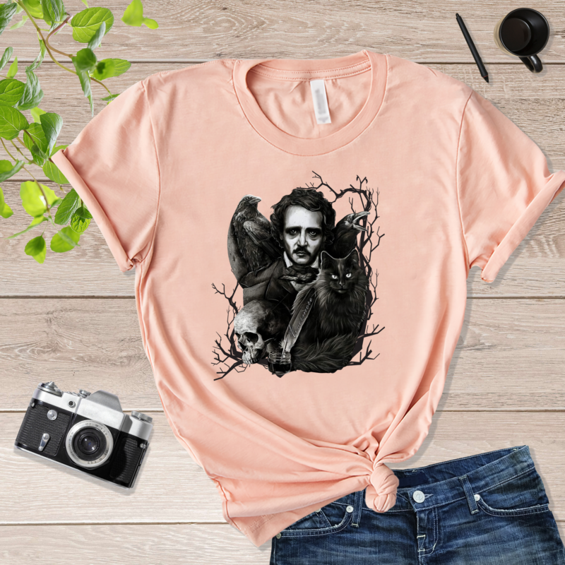 Edgar Allan Poe Raven Cat & Skull Edgar Allan Poe Shirt Pink